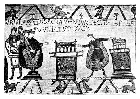 Illustration of The Bayeux tapestry: Harold swears his oath to William