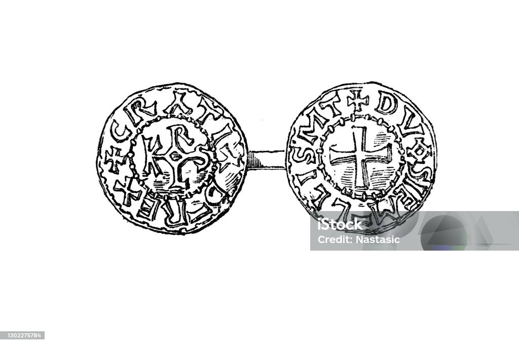 찰스 III의 동전, 간단 또는 간단한 라고, 웨스트 프란시아의 왕 이었다 898 에 922 그리고 로타링지아의 왕 911 에서 919-23. 그는 캐롤링지아 왕조의 일원이었다. - 로열티 프리 동전 스톡 일러스트