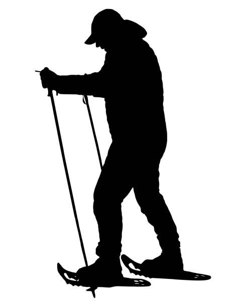 ilustrações, clipart, desenhos animados e ícones de silhueta preta de um caminhante snowshoe em branco - ski pole