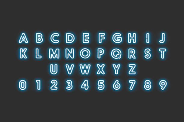 Neon capital letters and numbers, blue glow font, 3d rendering. Luminous xenon uppercase fount with numeric. Led diod character symbols set for backlight sign template.
