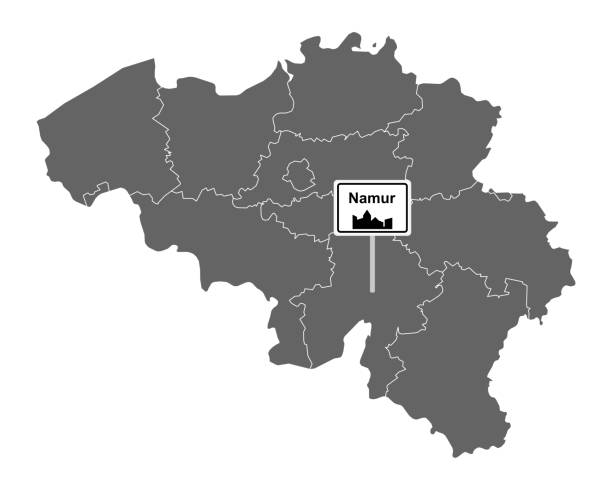 illustrazioni stock, clip art, cartoni animati e icone di tendenza di mappa del belgio con segnale stradale namur - namur province