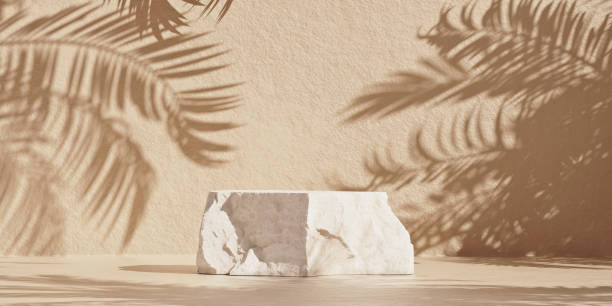 istock Product rock podium with palm shadows for cosmetic presentation 1302276473