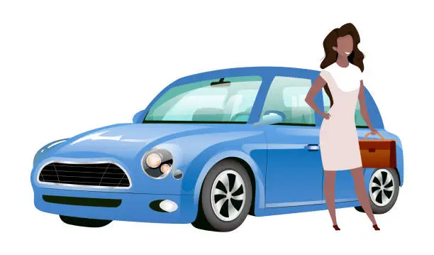 Vector illustration of Businesswoman standing by car flat color vector faceless character. African american woman holding briefcase near mini cooper isolated cartoon illustration for web graphic design and animation