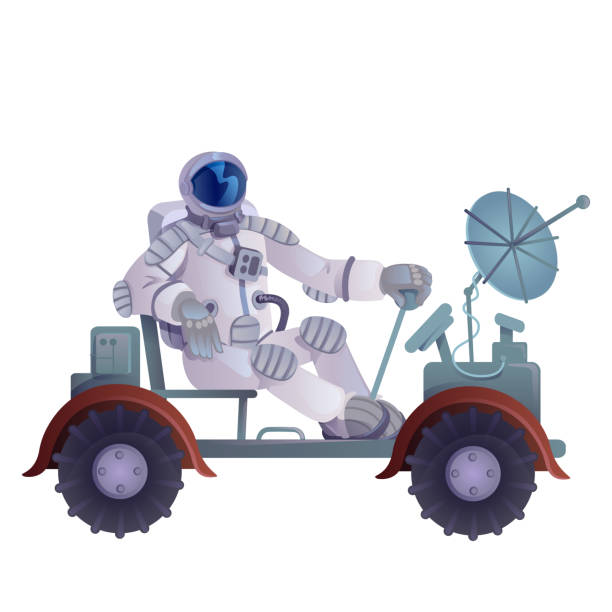 ilustraciones, imágenes clip art, dibujos animados e iconos de stock de cosmonauta en rover lunar plana ilustración vectorial de dibujos animados. astronauta conduciendo el rover lunar. plantilla de personaje 2d lista para usar para diseño comercial, de animación e impresión. héroe cómico aislado - astronaut space zero gravity spacewalk