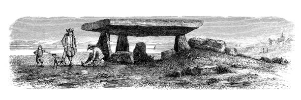 illustrations, cliparts, dessins animés et icônes de monuments celtiques, dolmen celtique près de locmariaker, bretagne - grave dolmen tomb cemetery
