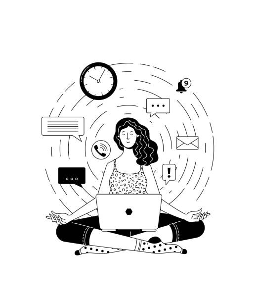 Young woman meeting deadline linear vector illustration Young woman meeting deadline linear vector illustration. Good performance and overworking cartoon concept. Relaxing woman sitting in the lotus pose and focusing on work tasks. Calm female character doodle stock illustrations