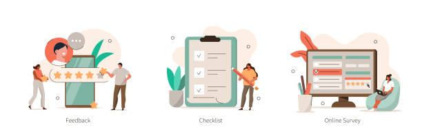 survey and feedback Various Online Survey and Rating Icons. Characters Filling Survey Form, putting Check Marks on Checklist and giving Five Star Feedback. User Experiences  Concept. Flat Cartoon Vector Illustration. customer illustrations stock illustrations