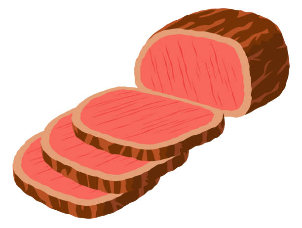 illustrazioni stock, clip art, cartoni animati e icone di tendenza di blocco di roast beef con pezzi tagliati su sfondo bianco - roast beef illustrations