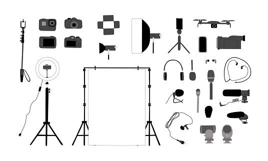 Vector handdrawn big set with illustrations of equipment and gadgets for photo and video shooting. Isolated on white background. For blogging, vlogging and podcasts.