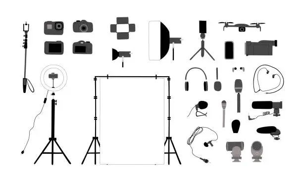 Vector illustration of Vector handdrawn big set with illustrations of equipment and gadgets for photo and video shooting. Isolated on white background. For blogging, vlogging and podcasts.