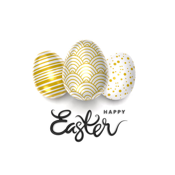 Isolated realistic 3D oval shape easter eggs standing in the middle of white background with Happy Easter text. Easy to crop for all social media and print design sizes.