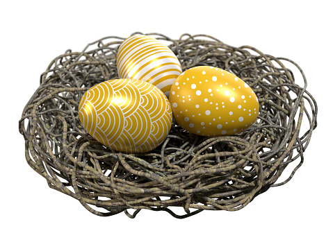 Gold colored Easter eggs are in a bird’s nest against white background. Easy to crop for all social media and print design sizes.
