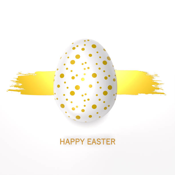 Isolated single realistic 3D oval shape white easter egg with golden spots standing in the middle of white background. Easy to crop for all social media and print design sizes.