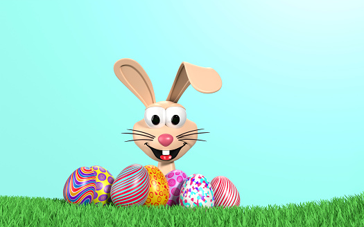 Cute decorated Easter eggs and Easter bunny are on green grasses under a clear blue sky. Easy to crop for all social media and print design sizes.