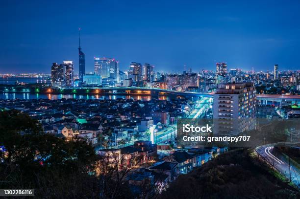 Night View Of The City In Fukuoka City Japan Stock Photo - Download Image Now - Fukuoka Prefecture, Fukuoka City, Architecture