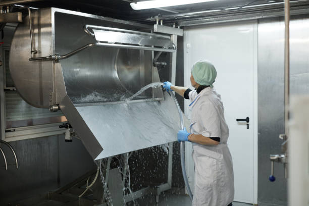 tanque de lavado para trabajadoras en la fábrica de quesos y lácteos - cuajar fotografías e imágenes de stock