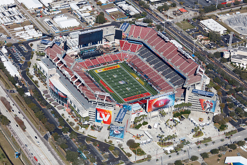Aerial view of Raymond James Stadium Tampa Florida home of NFL Super Bowl LV photograph taken Feb. 2 2021