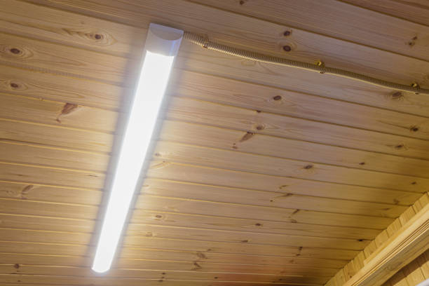 Included daylight lamp on wood paneling ceiling