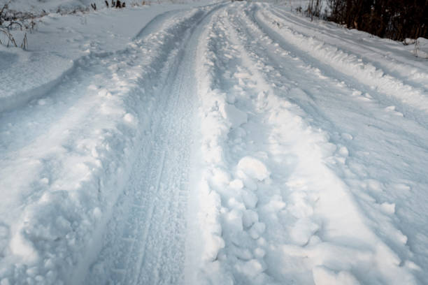 Road in winter, texture of snow and and traces of the tread