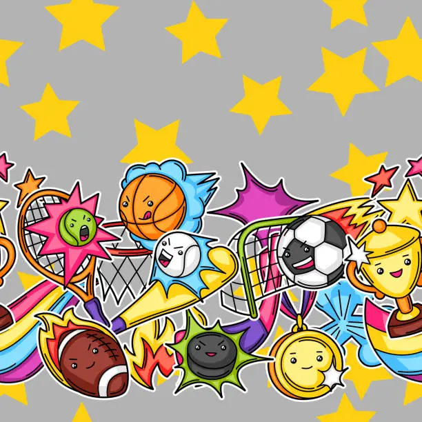 Vector illustration of Seamless pattern with kawaii sport items.