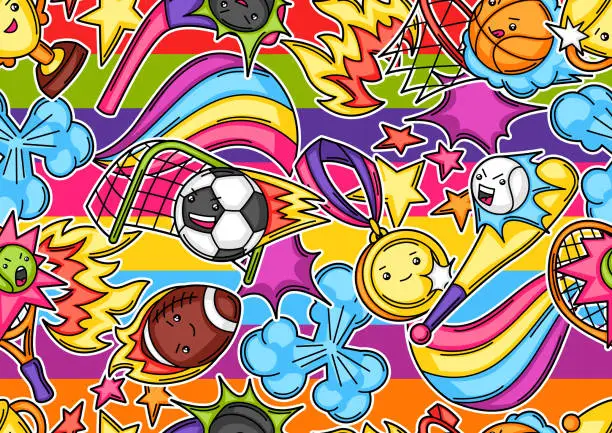 Vector illustration of Seamless pattern with kawaii sport items.