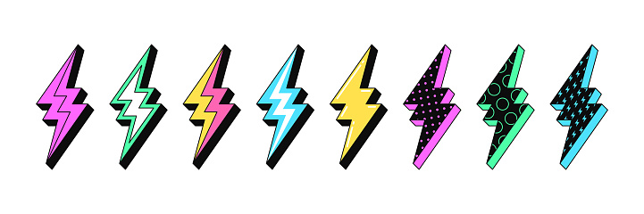 Isolated Lightning bolt signs. 5st set of flash thunderbolts with texture for zine retro culture and crazy futuristic design. Electric voltage, energy charge and lightning power. Vector illustration