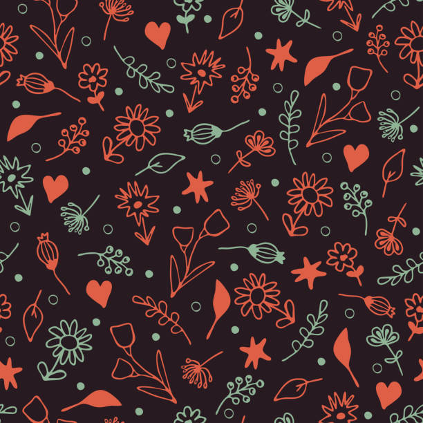 illustrations, cliparts, dessins animés et icônes de modèle de vecteur sans couture avec de petites fleurs sur le fond brun foncé. conception florale simple de papier peint de cru. textile romantique de mode de pré d’été. - botany bright brown heart shape