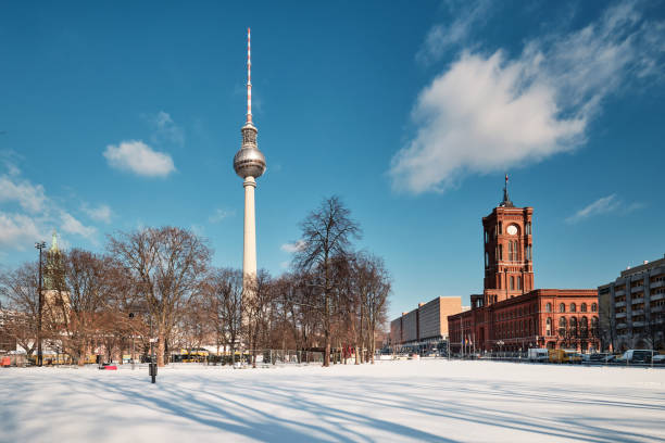 istock Berlin under snow. Panoramic image with television tower and Red Rathaus, or Old Town Hall 1302292428