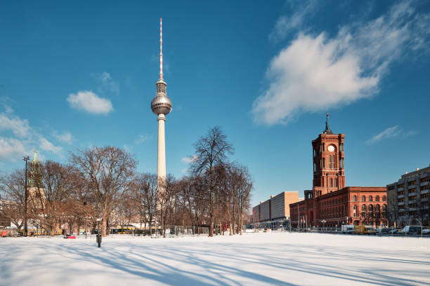 Berlin under snow. Panoramic image with television tower and Red Rathaus, or Old Town Hall stock photo