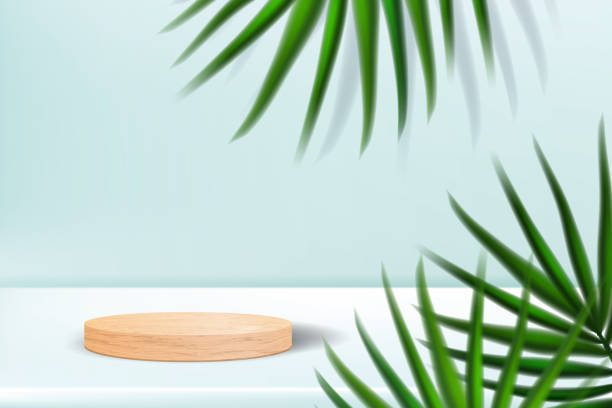 istock Wooden podium with palm leaves and shadows. Realistic wood platform for product presentation. Minimal nature scene with pedestal mockup. Vector 3d illustration of cosmetic display or award ceremony 1302292767