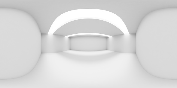 White abstract empty room HDRI environment map with white walls, floor and ceiling and with lights in ceiling, white colorless 360 degrees spherical panorama background, 3d illustration
