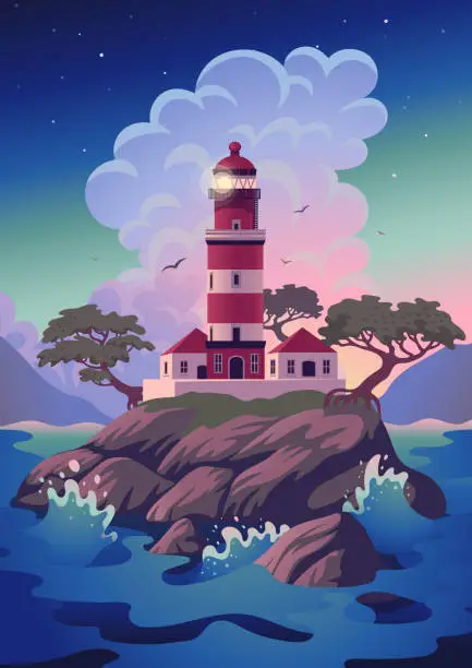 Vector illustration of Lighthouse - vector landscape. Sea landscape with beacon on the cliff. Vector illustration in flat cartoon style