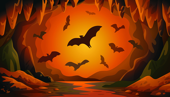 Cave with bats on sunset. Panoramic vector landscape with flying bats and red firelight. Vector illustration in flat cartoon style