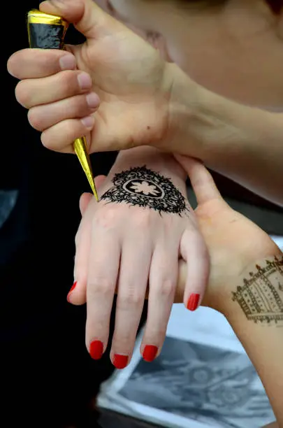 Photo of On the back of her hand, the girl draws henna mehendi