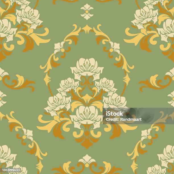 Light Green Rococo Pattern Repeat Vector Pattern With Rococo Style Flower On Green Background ...