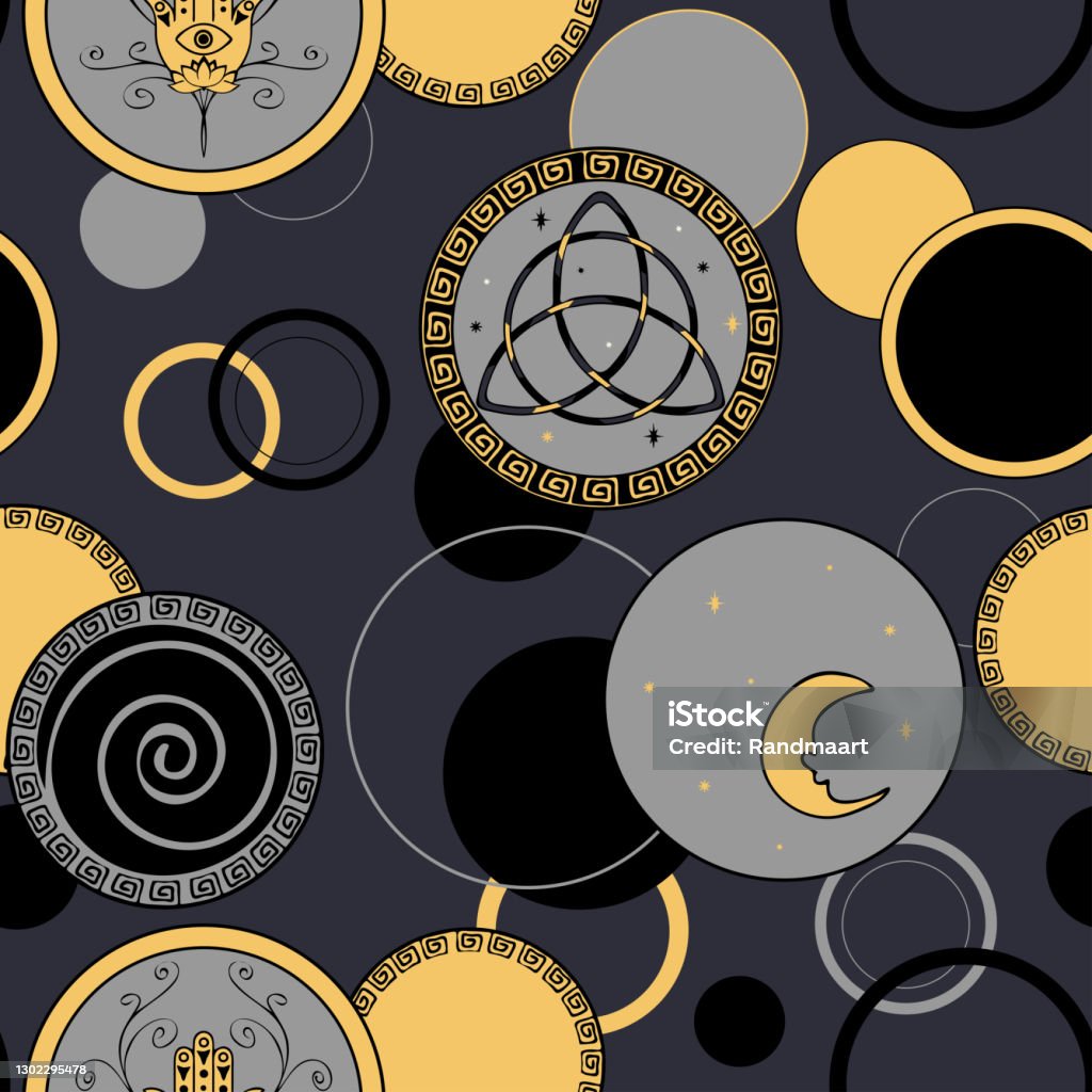 Ilustración de Patrón Vectorial Sin Costuras Con Talismán Espiritual Circular Sobre Fondo Gris Diseño De Fondo De Pantalla Símbolo Étnico Textil De Moda Bruja Lunar y más Vectores Libres de Derechos de Ilustración de Patrón Vectorial Sin Costuras Con Talismán Espiritual Circular Sobre Fondo Gris Diseño De Fondo De Pantalla Símbolo Étnico Textil De Moda Bruja Lunar y más Vectores Libres de Derechos de
