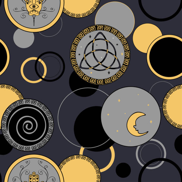 Seamless vector pattern with circle spiritual talisman on grey background. Ethnic symbol wallpaper design. Moon witch fashion textile. Repeat vector pattern with circle spiritual talisman on grey background. Ethnic symbol wallpaper design. Moon witch fashion textile. the holy trinity symbol background stock illustrations