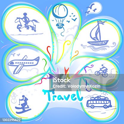 istock Set of stylized illustrations symbolizing different types of travel 1302295622