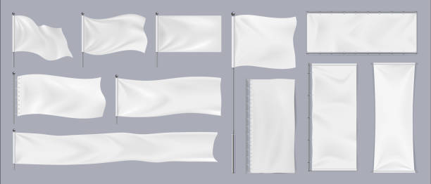 Realistic textile banners. 3D waving cotton flags. Fabric signboards for advertising. White canvas hanging on chrome stand. Horizontal or vertical pennants for brand identity, vector set Realistic textile banners. 3D blank waving cotton flags. Empty fabric signboards for advertising. White canvas hanging on chrome stand. Horizontal or vertical pennants for brand identity, vector set flag stock illustrations