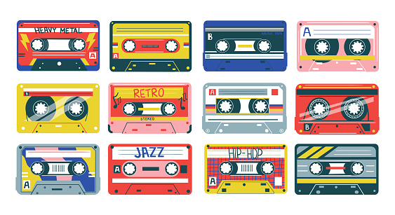 Retro cassette. Heavy metal, jazz or hip-hop music. 90s and 80s analog song records. Old-fashioned audio equipment. Collection of stereo tapes. Colorful musical vintage devices. Vector pop art set
