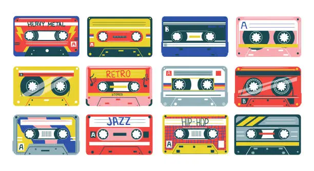 Vector illustration of Retro cassette. Heavy metal, jazz or hip-hop music. 90s and 80s analog records. Old-fashioned audio equipment. Collection of stereo tapes. Colorful musical devices. Vector pop art set