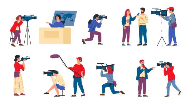 Vector illustration of Cameraman. News crew and journalists. Reporters interviewing, television programs recording. Correspondents with professional cameras and microphones. Live streaming reportage, vector set