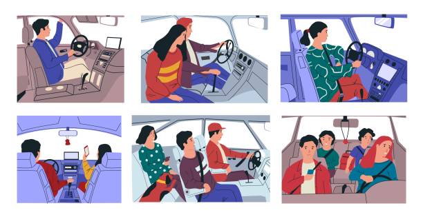 ilustrações de stock, clip art, desenhos animados e ícones de car ride. characters driving vehicle with family and pets. people travel by automobile, move around city. transport interior with steering wheel and dashboard. vector scenes in auto set - car driving women driver