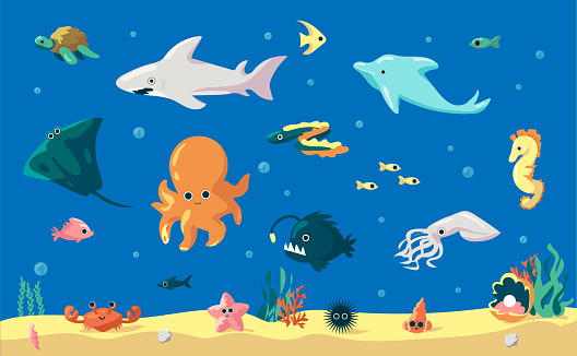Cartoon fish. Cute underwater animals, marine inhabitants. Funny dolphin and eel, comic squid or starfish. Undersea landscape with sand and algae. Ocean creature clipart. Vector colorful sea dwellers