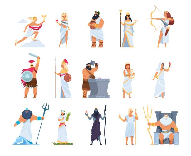 illustrazioni stock, clip art, cartoni animati e icone di tendenza di cartoni animati divinità greche. membri del pantheon divino della grecia. persone mitologiche in toga e elmo d'oro o corona. collezione di divinità olimpioniche, set di personaggi di leggende meravigliose vettoriali - olympian