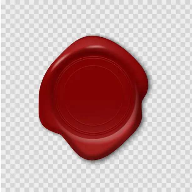 Vector illustration of Wax stamp. Retro realistic red seal. 3D imprint on transparent background. Waxy emboss for old-fashioned postal envelopes and guarantee documents. Vector decorative sign with copy space
