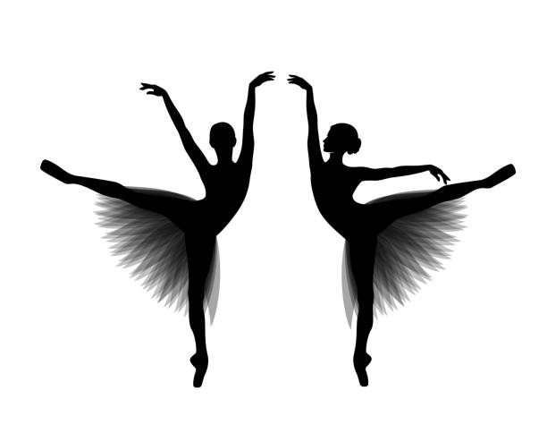 танцы балерина девушка носить пачку платье черно-белый вектор силуэт набор - outline silhouette black and white adults only stock illustrations