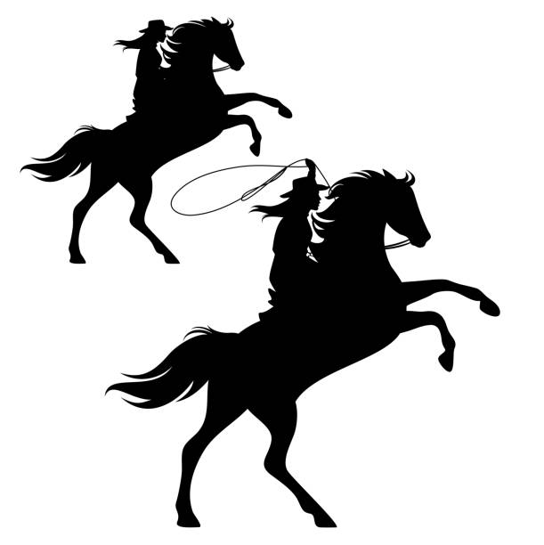 cowgirl und aufzucht pferd schwarz vektor silhouette set - cowboy hat wild west single object white background stock-grafiken, -clipart, -cartoons und -symbole