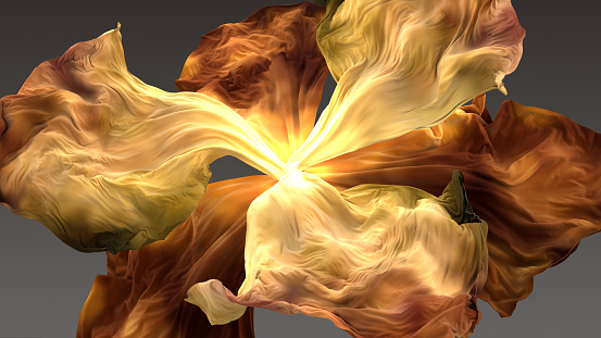 Huge golden abstract iris made of silk, textured, great details at full size, CGI.