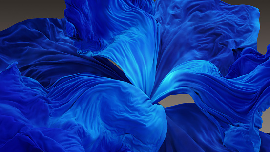 Huge blue abstract iris made of silk, textured, great details at full size, CGI.